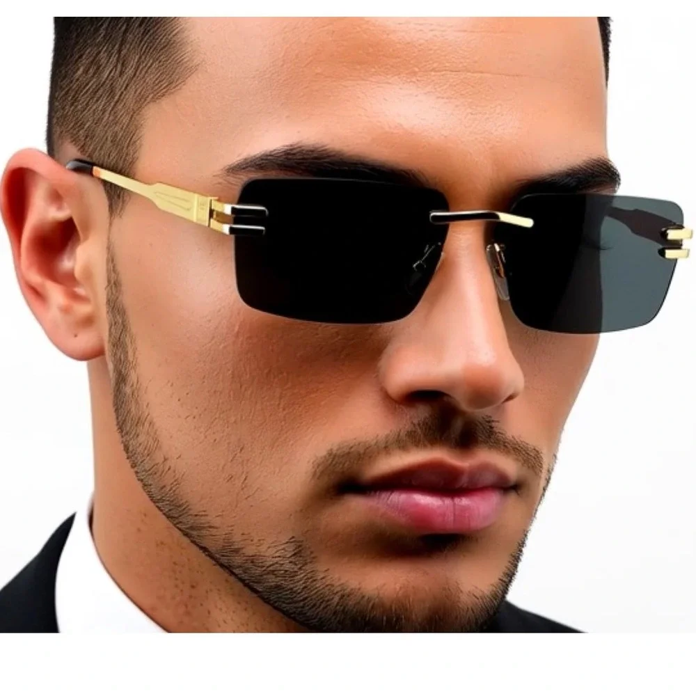 Men's Vintage Rimless Dark Black‎ Tint Gold Frame Woodgrain Hip Hop Sunglasses